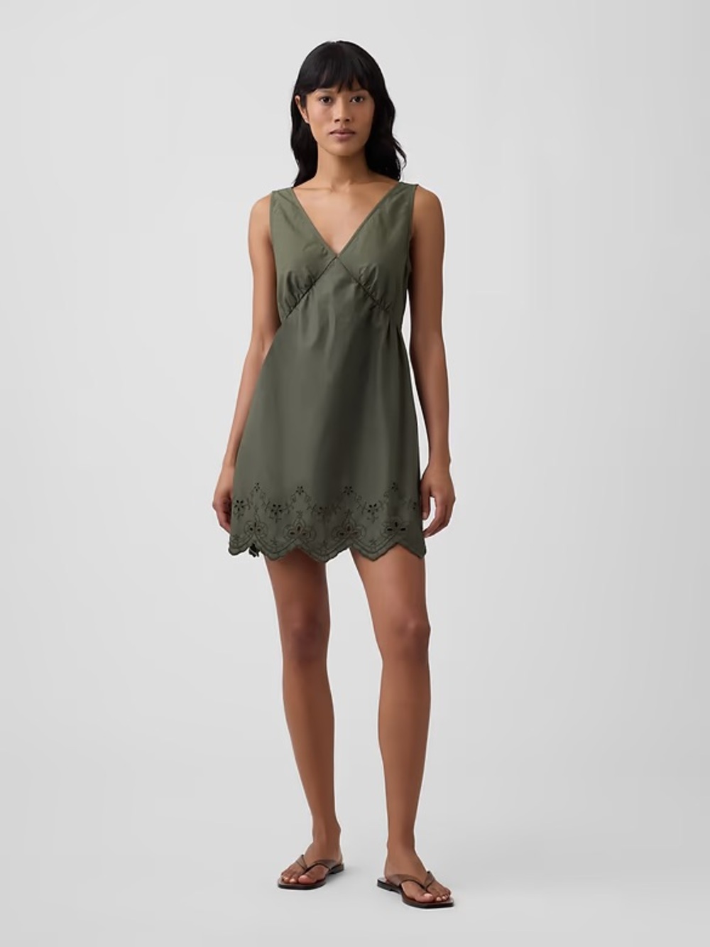 GAP Olive Eyelet-Hem V-Neck Mini Dress
